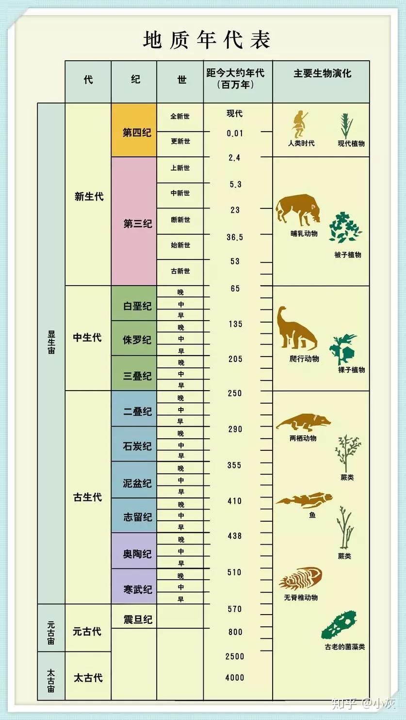 下图是一张比较清晰的地质年代表:地质年代是指地壳上不同时期的岩石