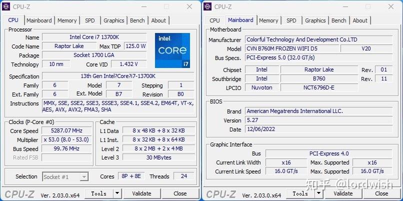 从cpu-z我们可以看到,采用10nm工艺制程的i7-13700k跟i5-13600k一样