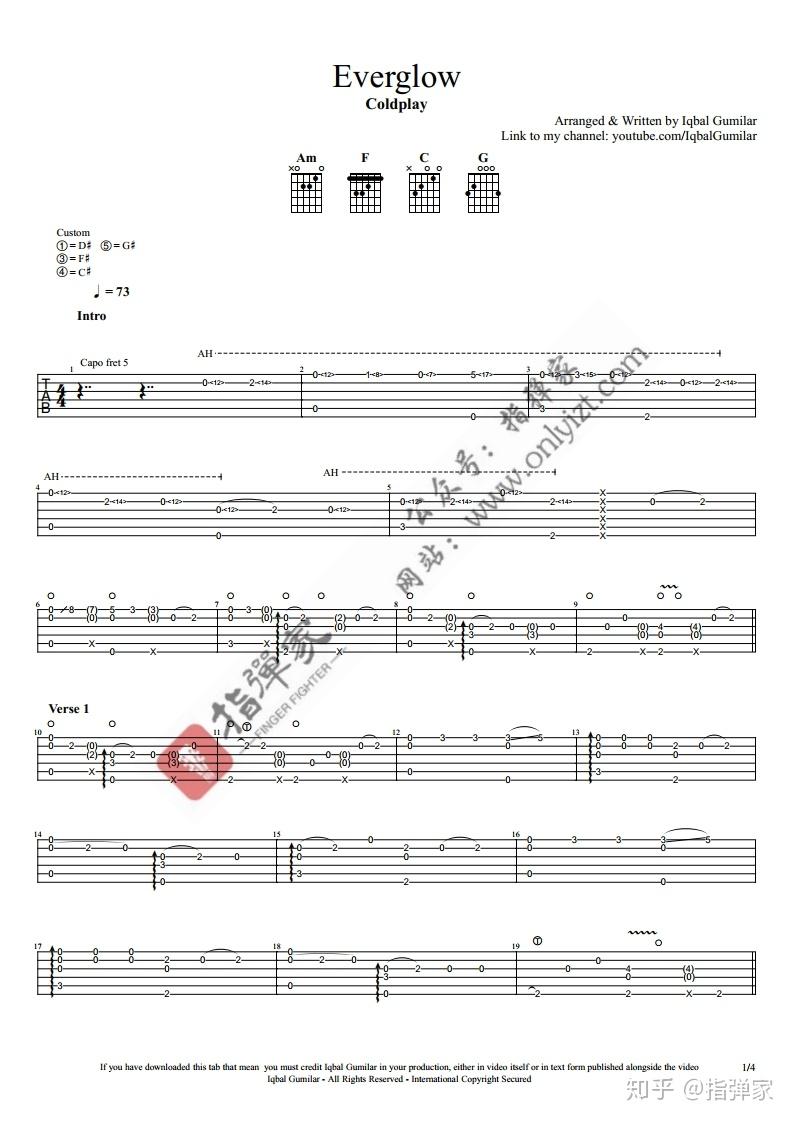 附谱everglow永恒璀璨coldplay酷玩吉他指弹独奏