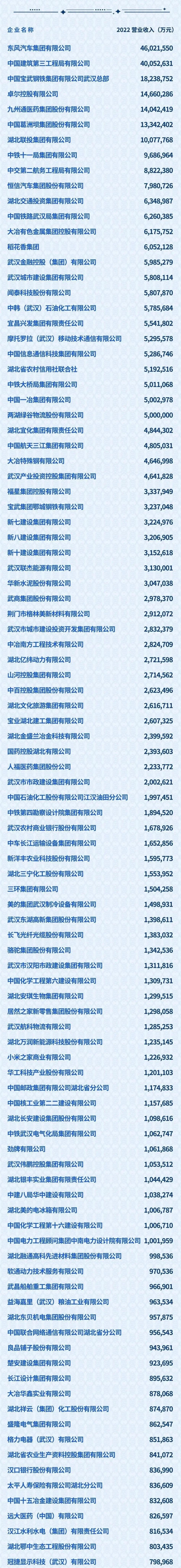 湖北省2023年企业100强湖北制造业企业100强湖北服务