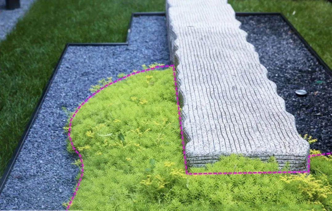 佛甲草与条石的几何形呼应与砾石结合,形成流畅的林缘曲线1.