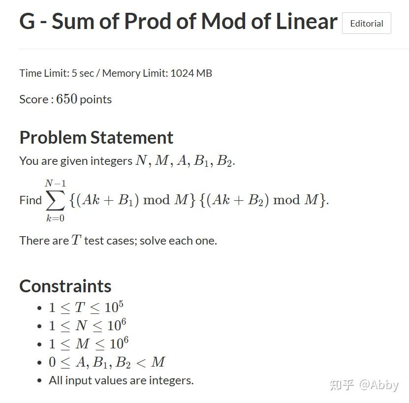 AtCoder Beginner Contest 402 G - Sum of Prod of Mod of Linear - 知乎