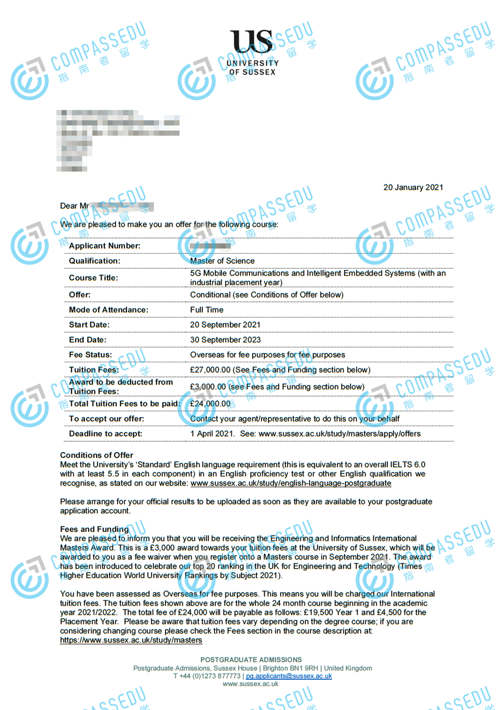 录取offer展示萨塞克斯大学 5g移动通信与智能嵌入式系统理学硕士(带