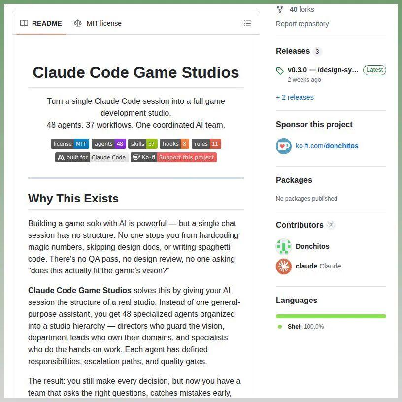 兄弟们,这个 github 项目太吊了,有个大神把Claude Code做成了完整的游戏开发工作室,足足用了48个AI智能体,还配上了工作室 ...