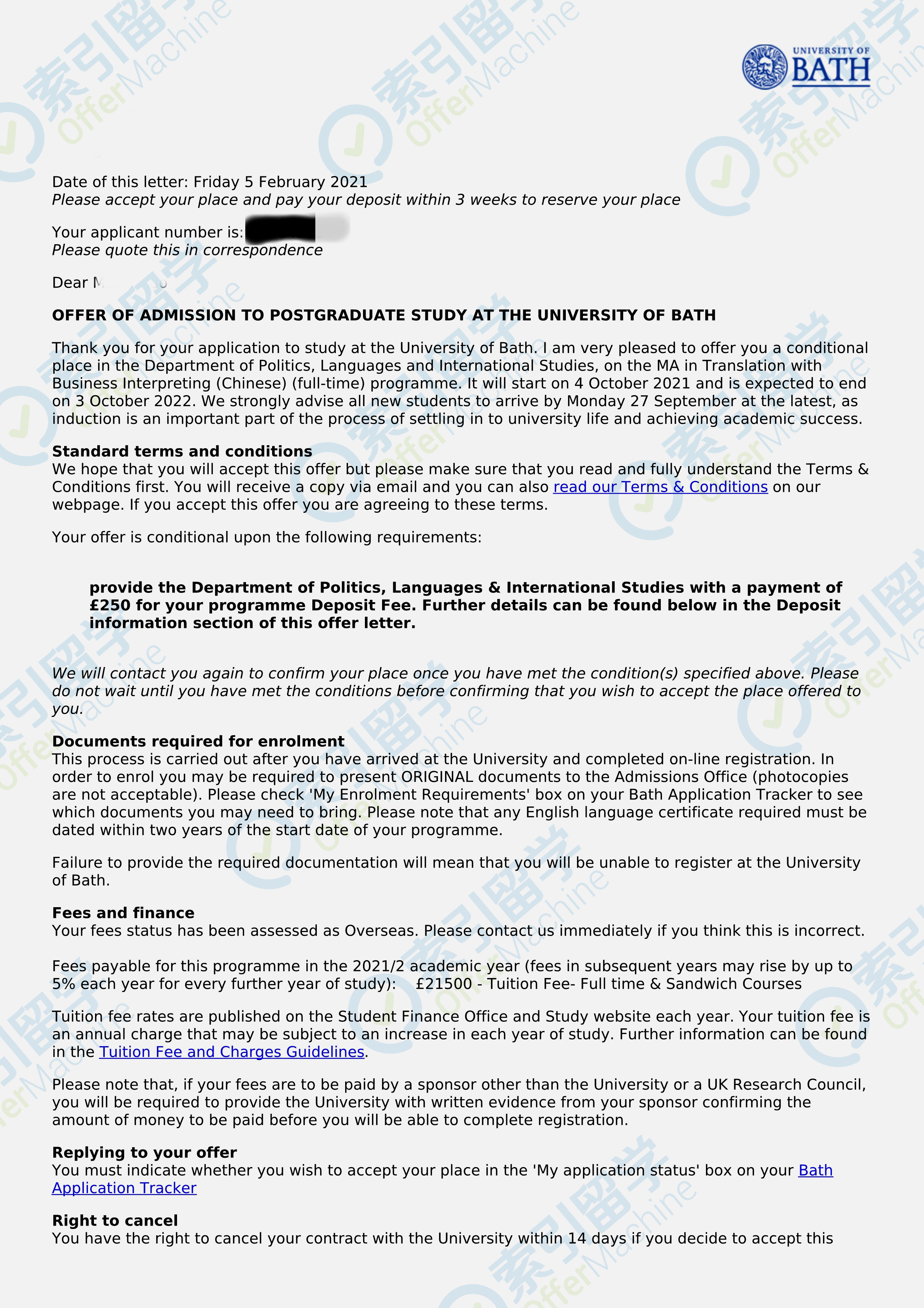 索引留学成功获得巴斯大学口译专业offer