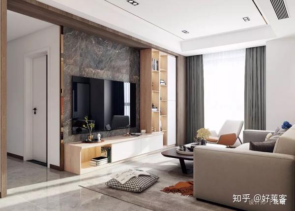 大理石背景墙搭配l型电视柜,不影响美观性也能提升客厅储物功能,使