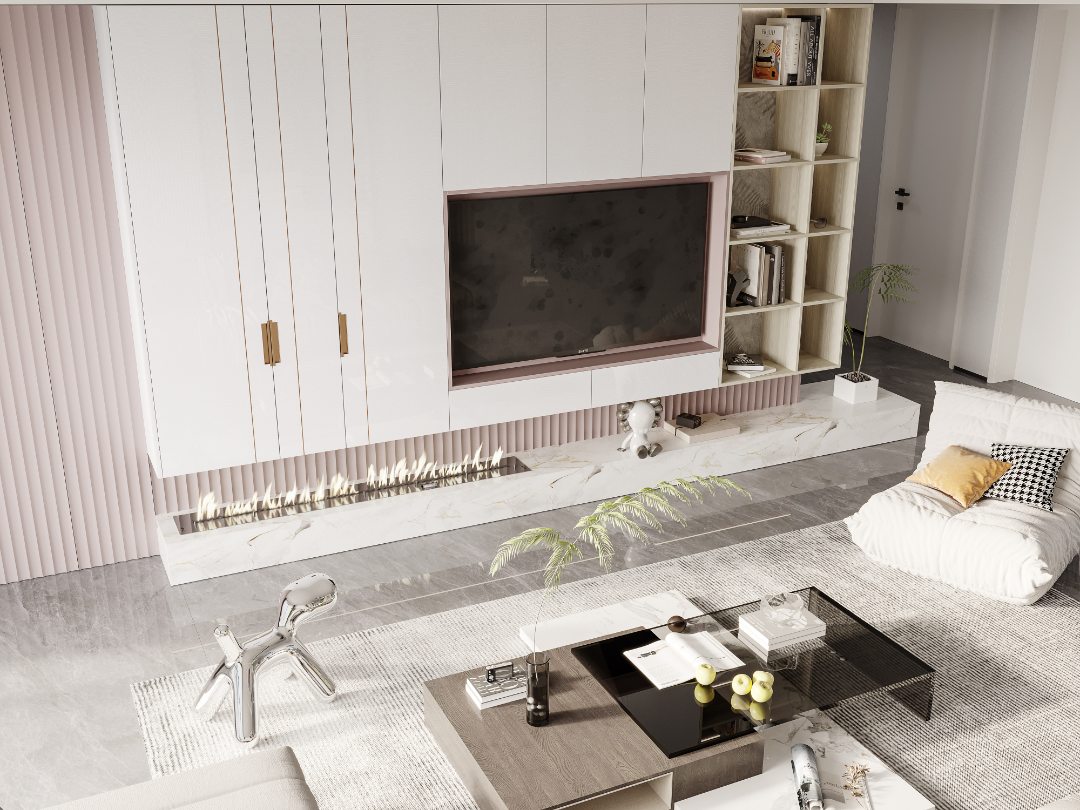 加湿器到顶电视柜搭配岛台,加上中部留空设计让整体空间更加简洁大气