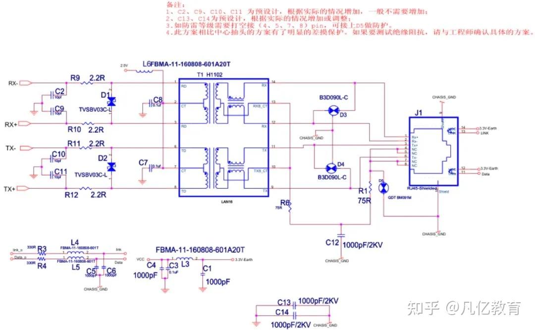 以太网EMC（浪涌）设计标准电路(差模要求较高方案）