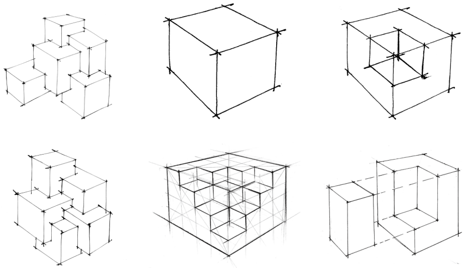 體塊造型的透視訓練:建築體塊的線描練習:有了幾何體的線描基礎後