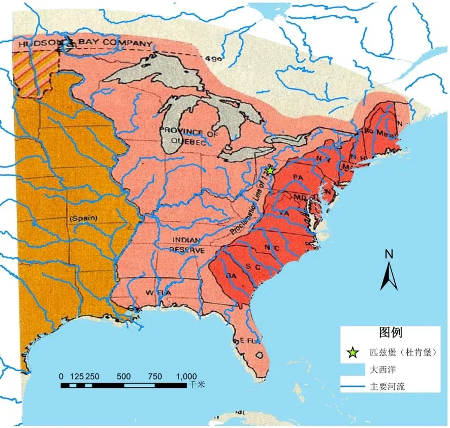 匹兹堡刚好位于1763年公告线之外,同时又落于三条主要水系的交点位置