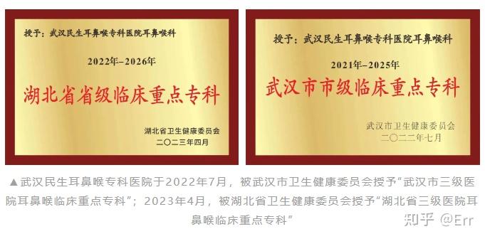 先后被授予"武汉市三级医院耳鼻喉临床重点专科"及"湖北省三级医院耳