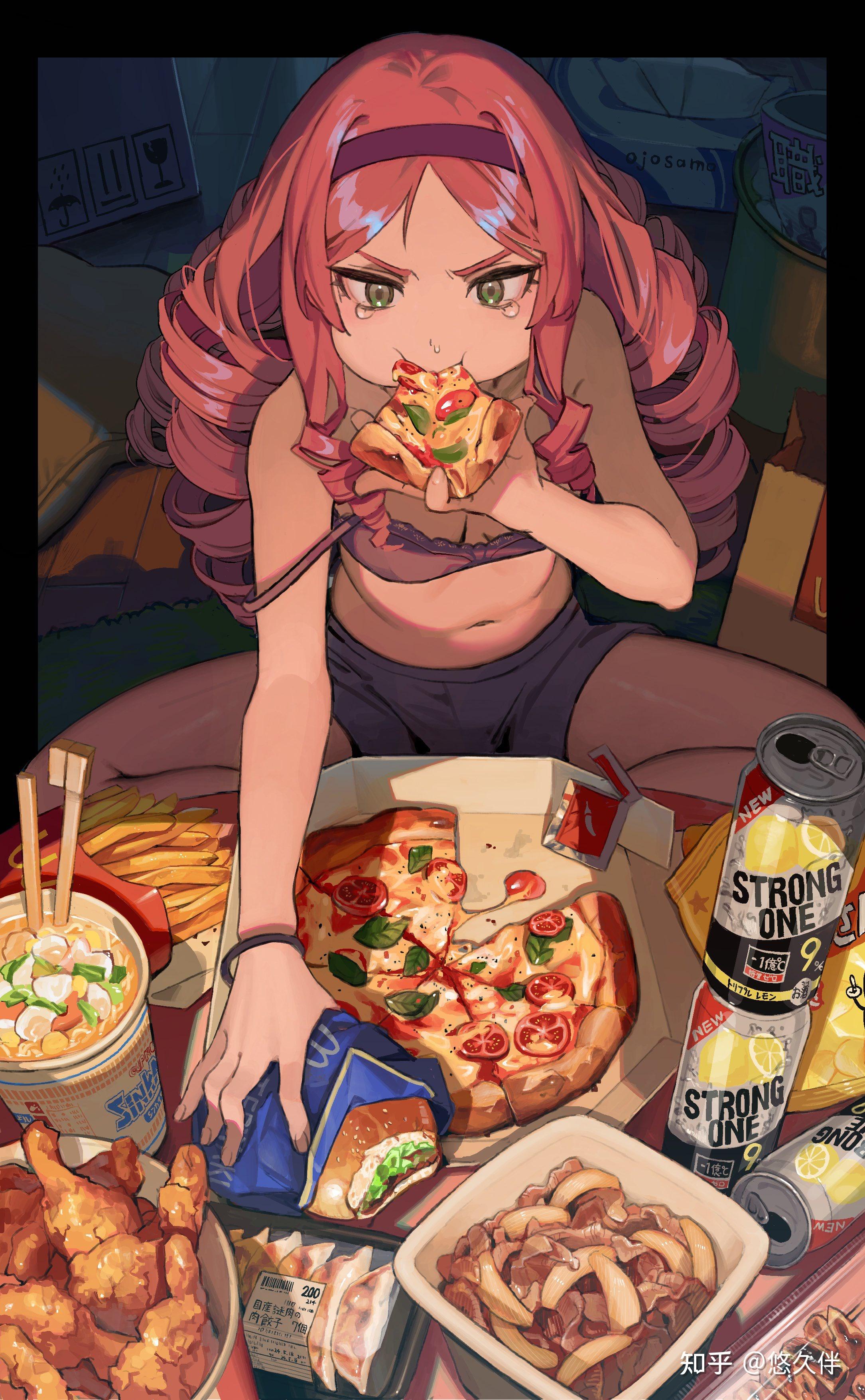 大口进食的少女