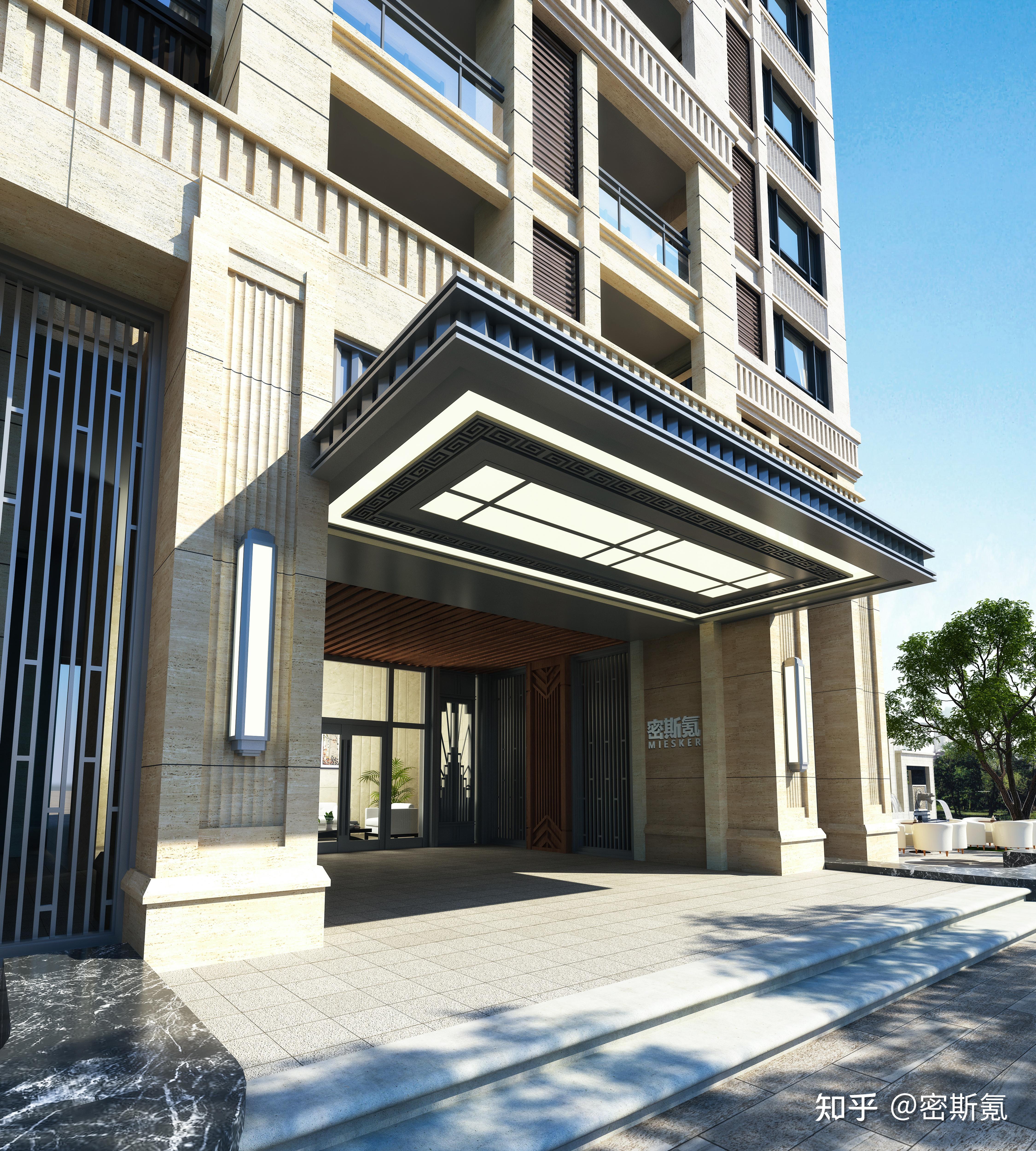 欧式的门头设计,四根花岗岩石材立柱,带来强烈的视觉冲击使得建筑整体