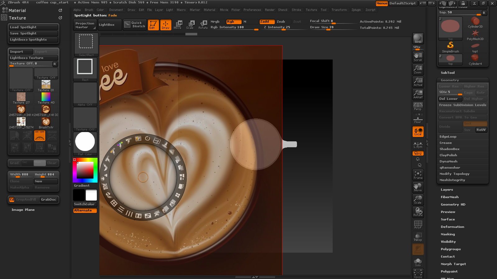 把三张图片导入进来,为了方便观察我把texture放在左边打开zbrush