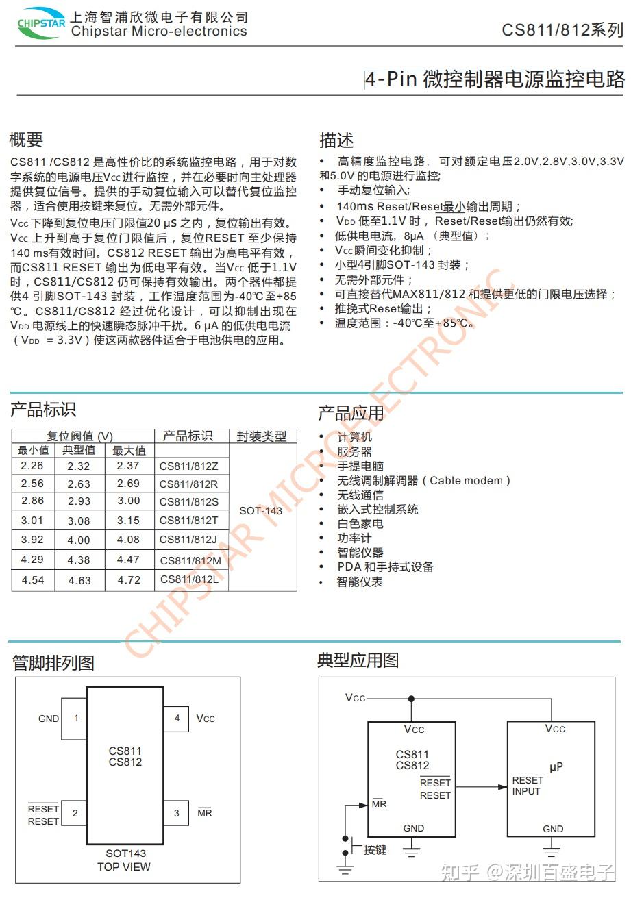 CS811/CS812 SOT-143 4-Pin 微控制器电源监控电路 百盛代理商 - 知乎