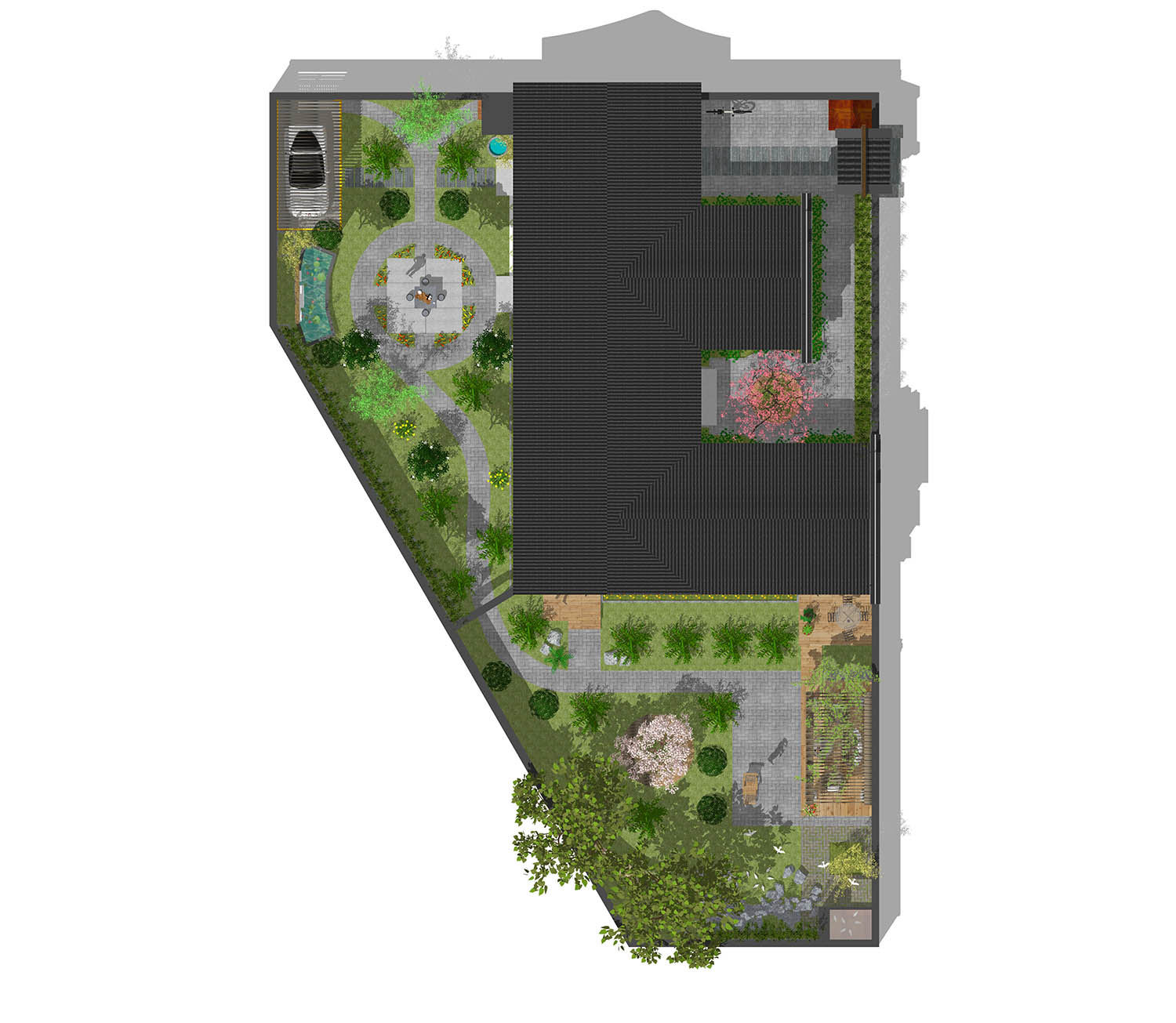 5米的垫土,并不是规则的形状,在设计上,我们将梯形的基地划分出了四个