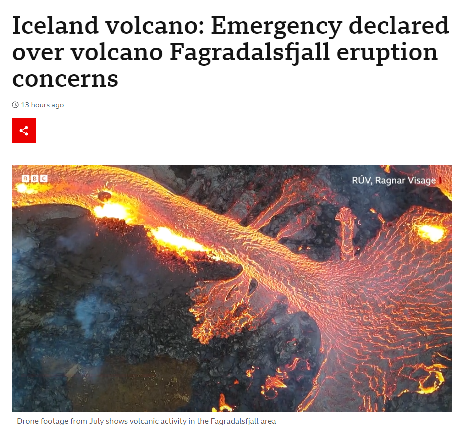冰岛火山或将喷发当地进入紧急状态