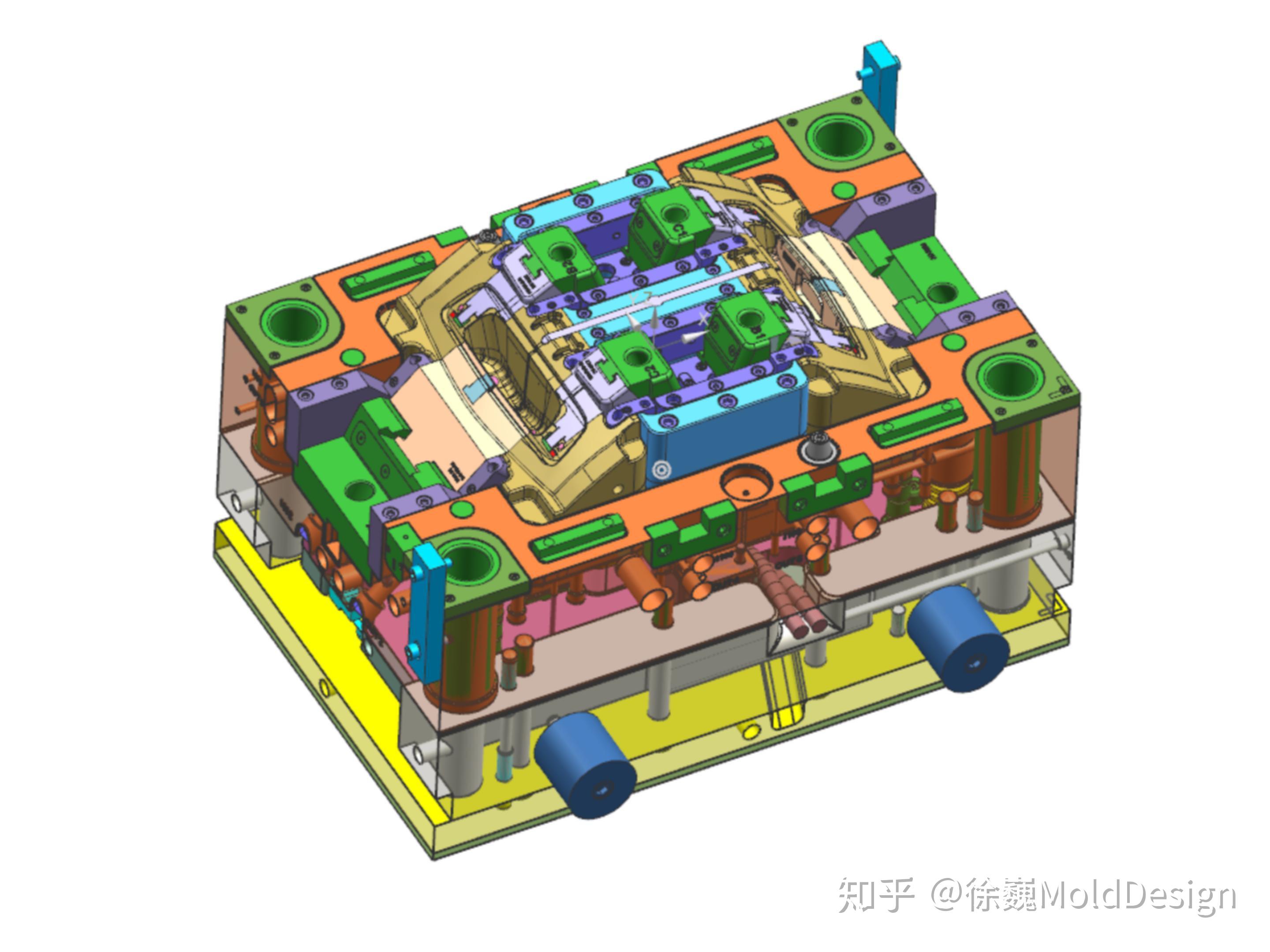 产品总装配图小结:前模弹簧孔设计及后模油缸抽芯设计,是这套模具的