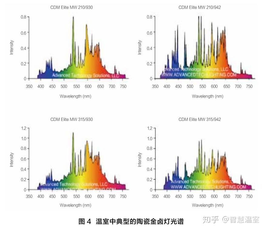 图 5 所示的是在温室中应用于顶端补光和株间补光典型的led光源的光谱