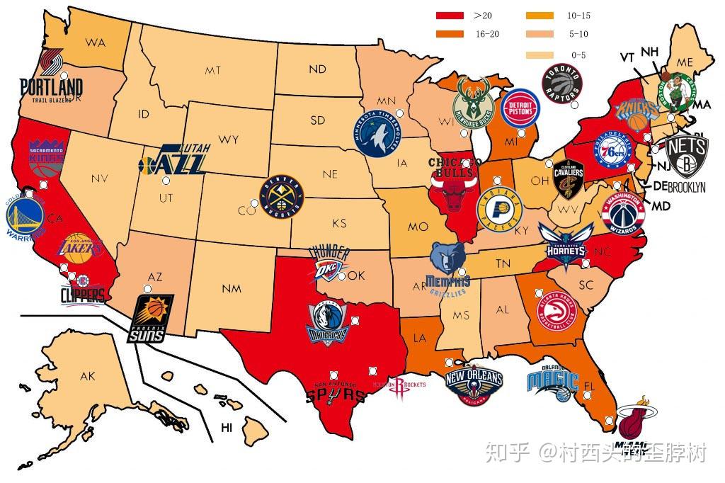 球迷们都知道,nba一共有30支球队,分布在加拿大的多伦多和美国本土的