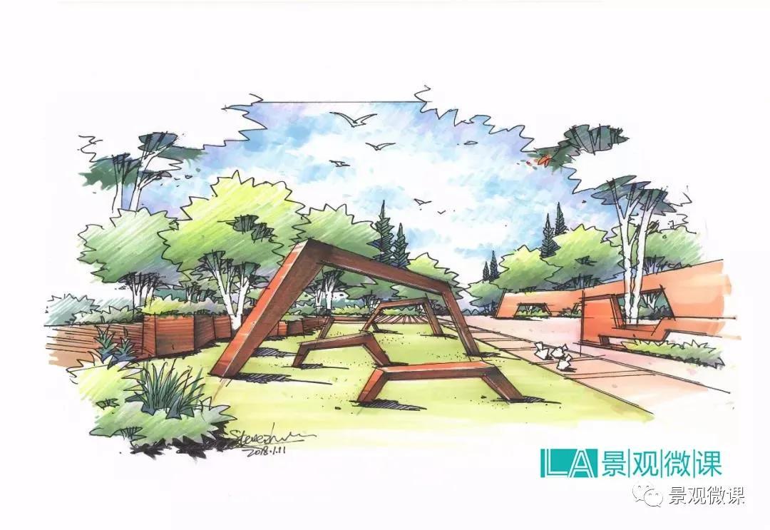 手绘基础园林景观效果图上色步骤解析