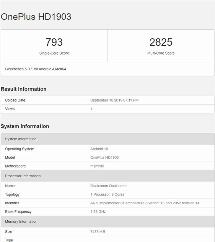 一加7t现身geekbench8gb内存android10