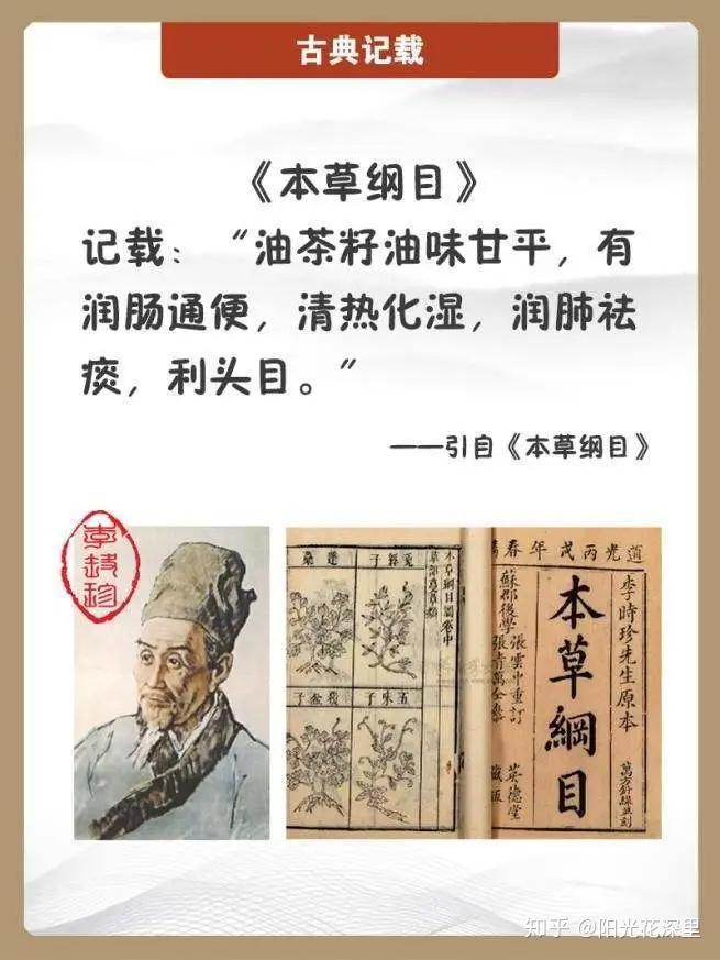 明朝医药学家李时珍在《本草纲目》中提到茶油的食疗作用:"茶籽,苦寒