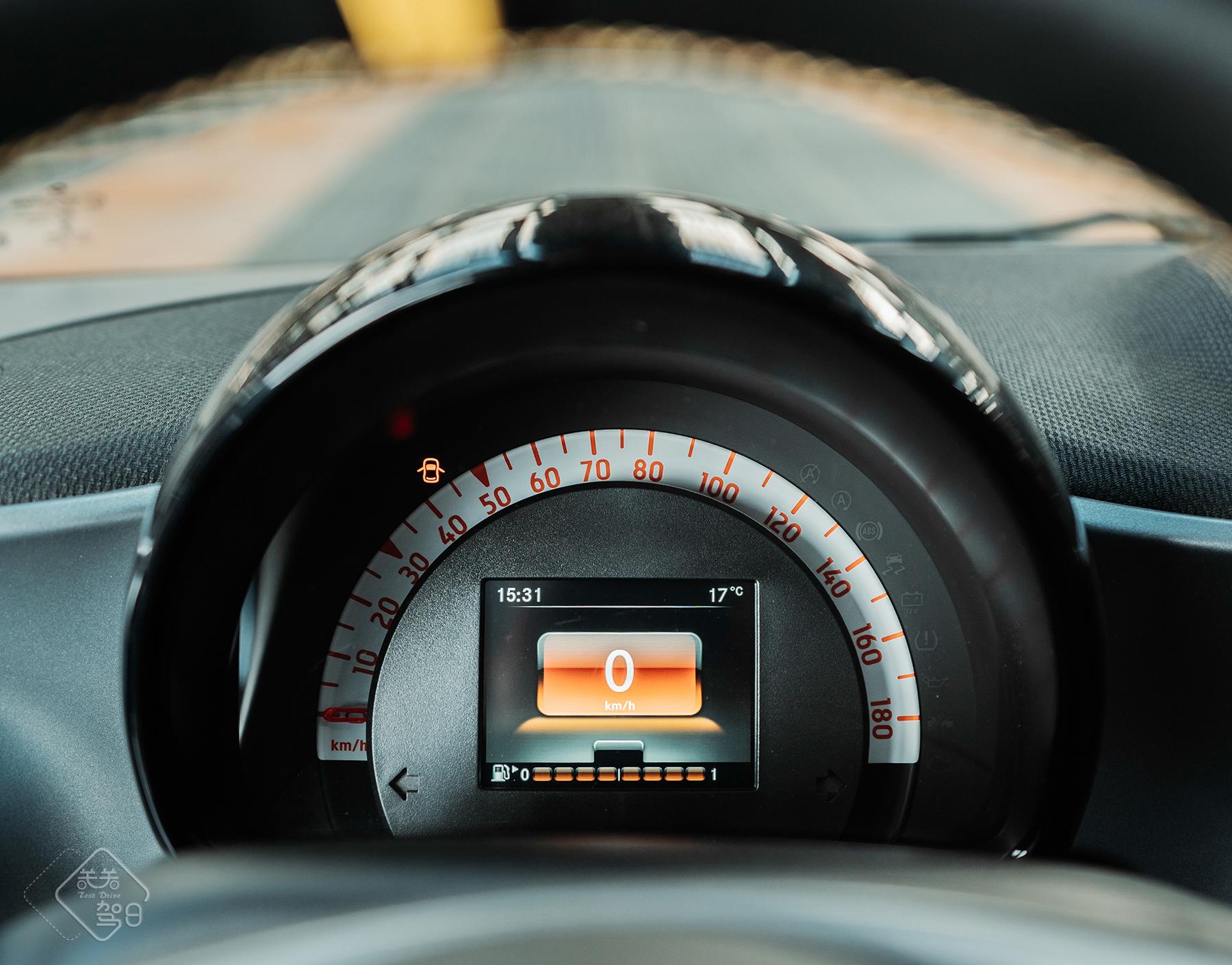 圆圆的仪表盘,小巧可爱,外环是半圆型指针时速表,中间是彩色3.