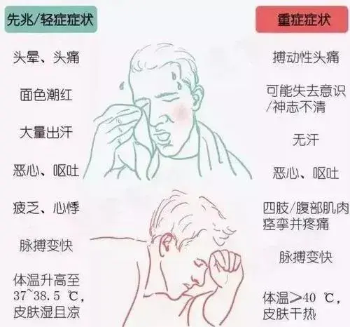 中暑的症状包括头痛,头晕,胸闷,恶心,呕吐,大量出汗,脸色苍白,红疹