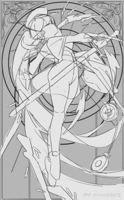 首先是寻找穆夏图中人物构成的 d 字型和丰字型,以及 flow 和点景