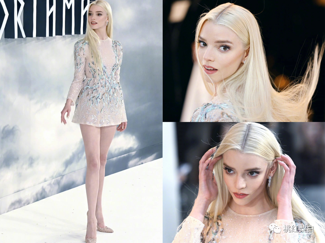 出席自己的新电影《北欧人》发布会,换上dior连身裙的anya,举手投足间