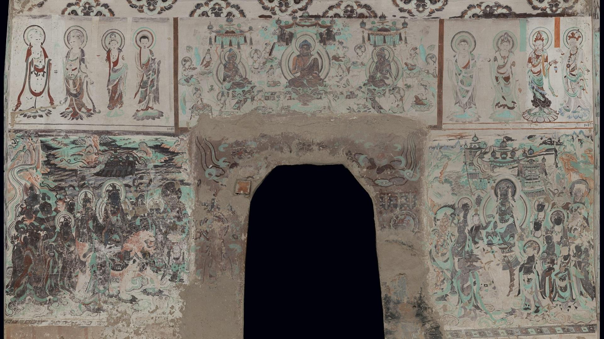 神游千年大美敦煌盛唐172窟东壁门文殊普贤出行山高水长西壁龛顶飞天