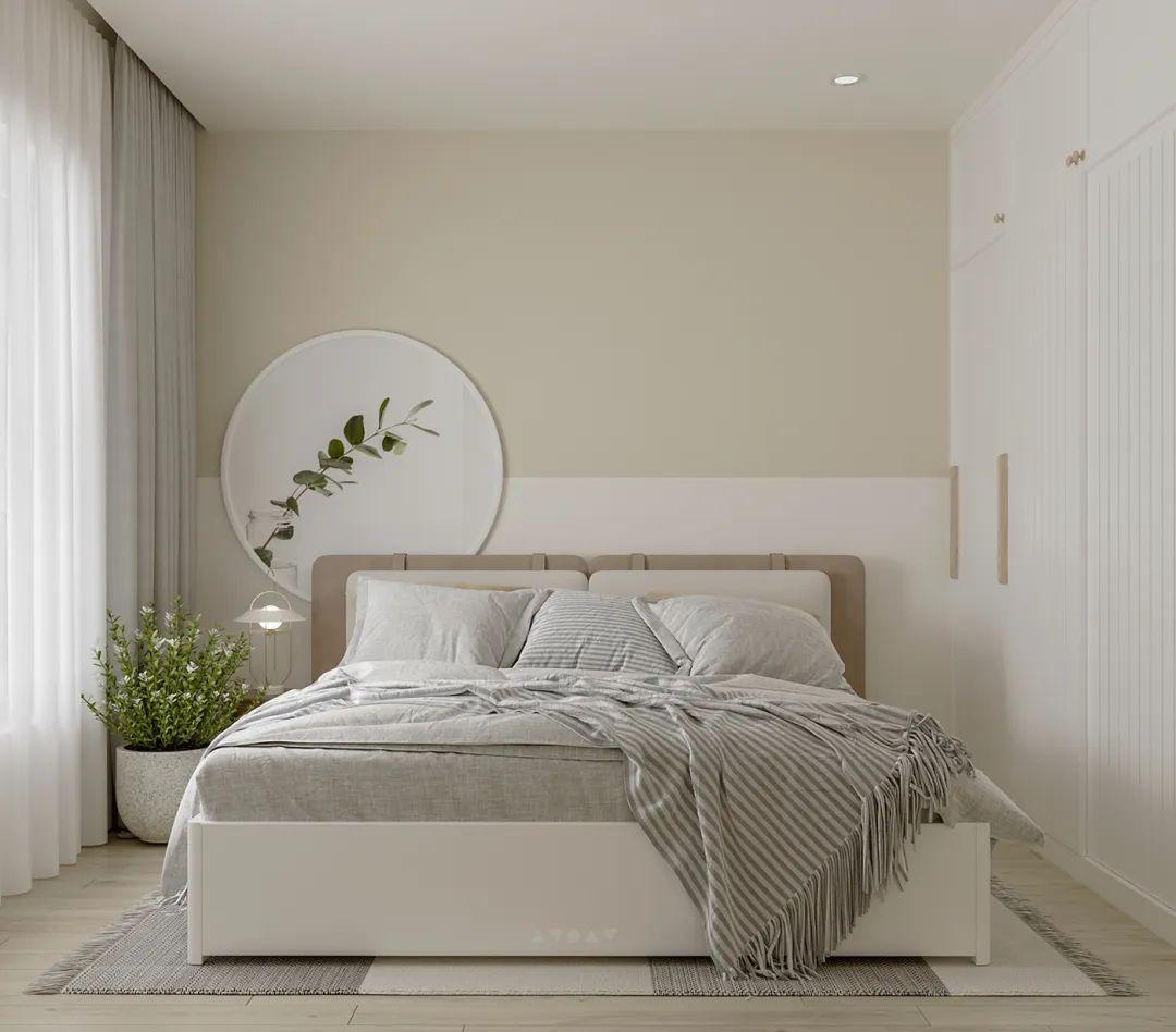 主卧设计旨在干净舒适,床头背景墙的拼色设计丰富空间层次,避免了大白