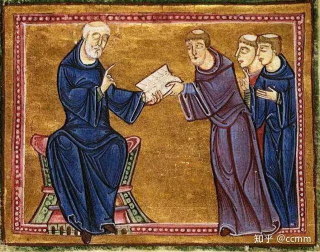 圣本笃将《规章》交给修士们在一日的礼拜仪式中,诗篇吟诵的分配主要有