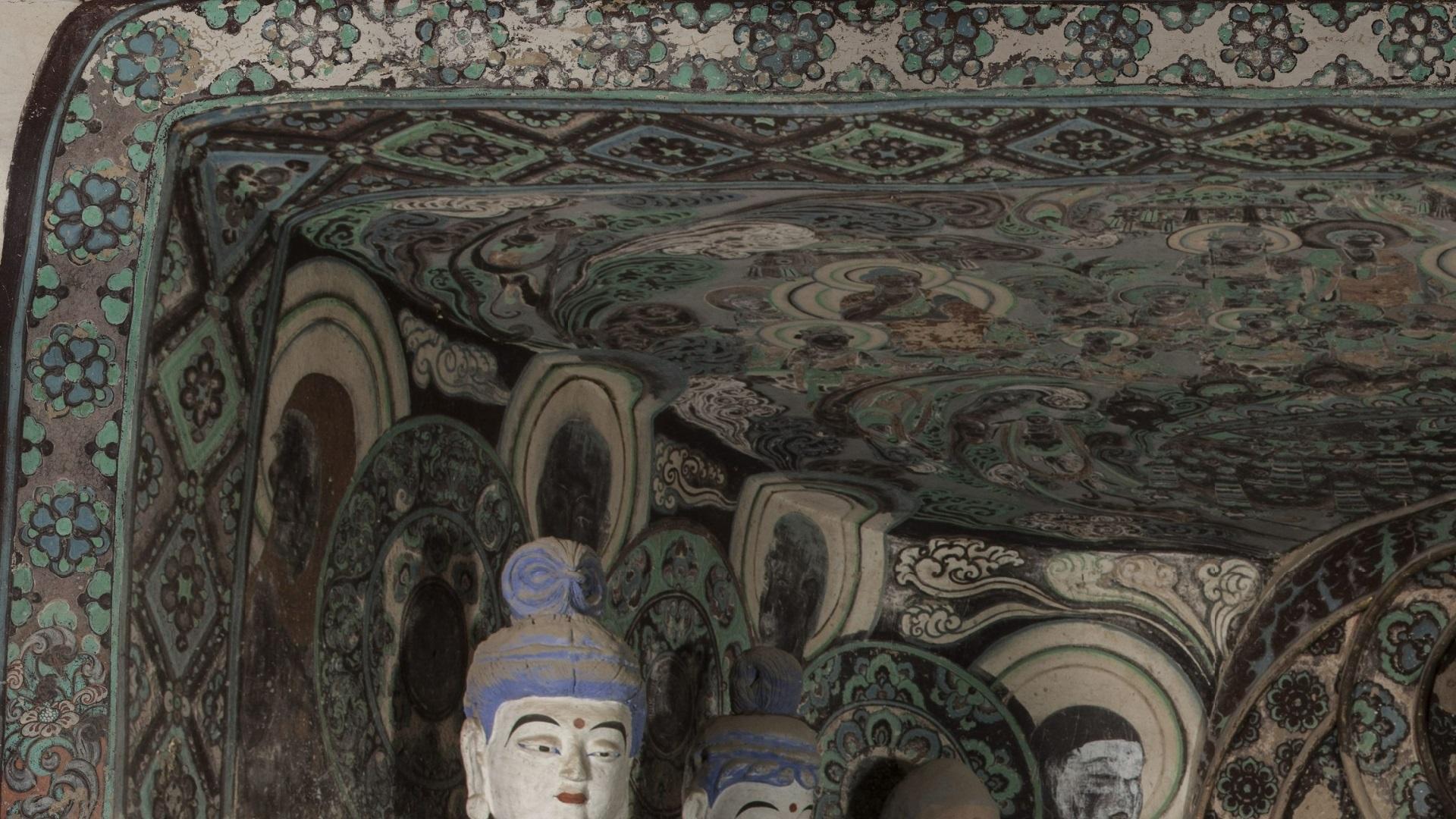 盛唐-敦煌172窟西壁龛顶-左侧:说法图,飞天,龛沿边饰【1920x1080 高清