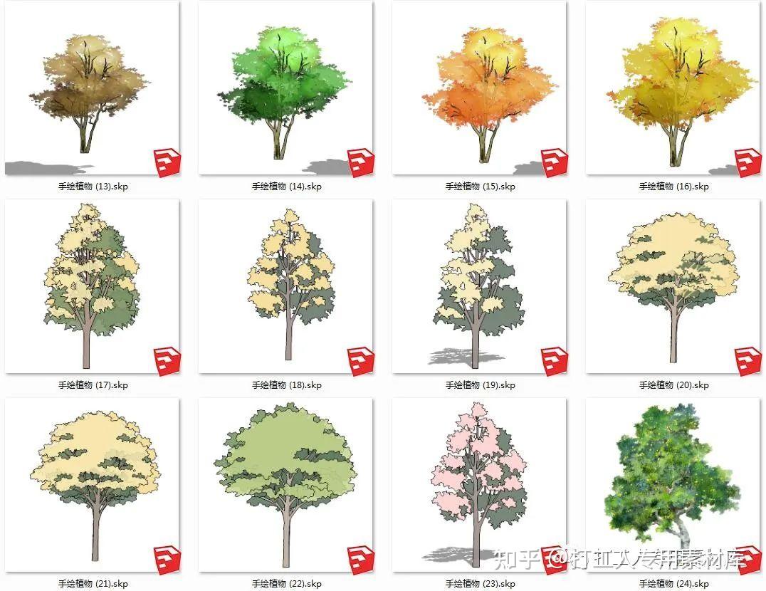 超全SU常用植物库素材大合集(2D、3D的写实风手绘风树木、灌木、花卉、盆栽均有) - 知乎