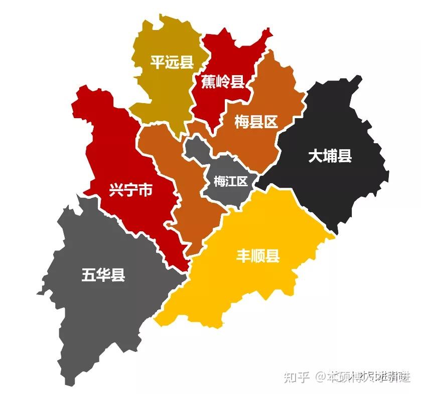 梅州轄2個市轄區:梅縣區,梅江區,1個縣級市:興寧市,5個縣:五華縣,豐順