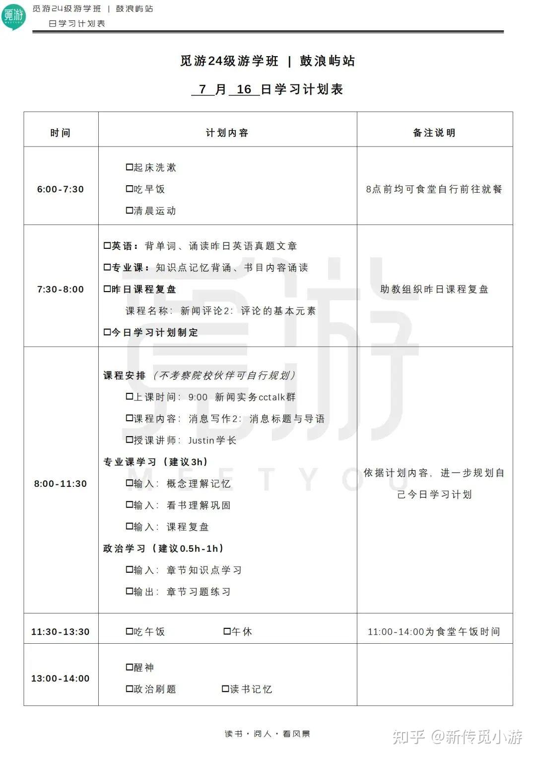 【遊學班日計劃表-7月16日範例】遊學班日計劃覆盤反饋表(含具體時間