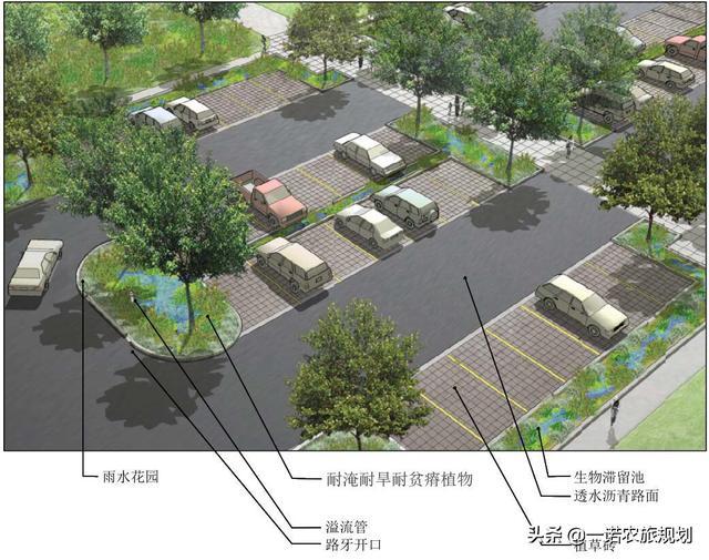 生态停车场平面布局应结合下凹海绵设施和溢流设施,经过生态停车场