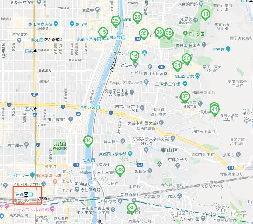 15,四条河原町  25,先斗町 23,白川13,知恩院 35,花间小路  36,衹园