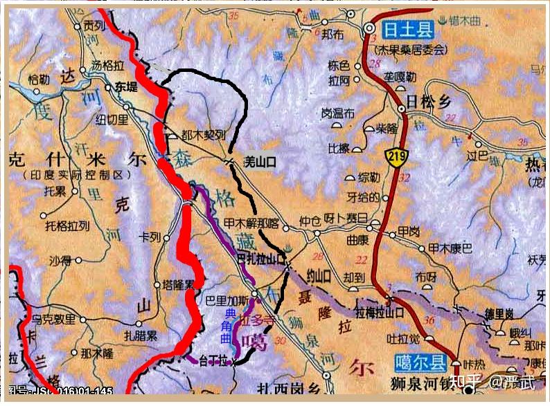 区内,双方的实际控制线南起台丁拉山口,沿典角曲北上至狮泉河汇流处