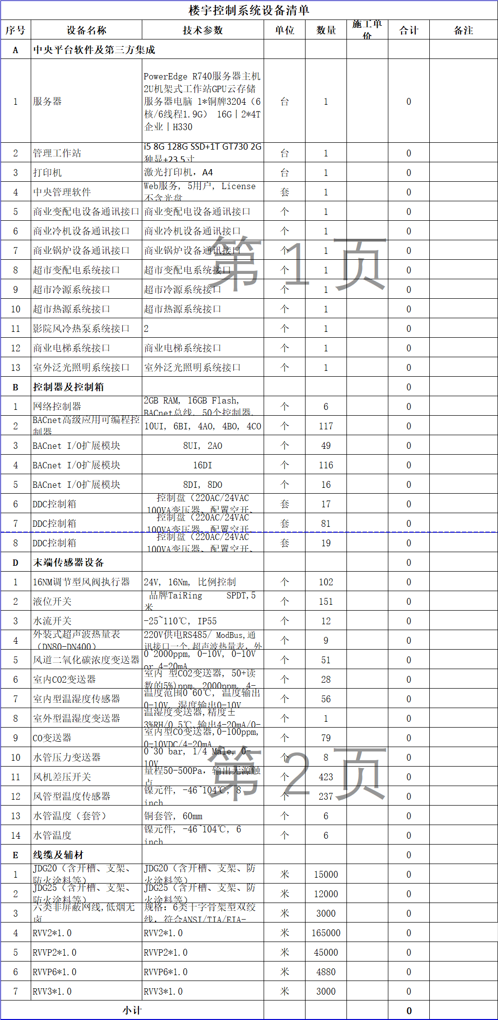 商业广场弱电系统设备清单,17个子系统,含技术参数