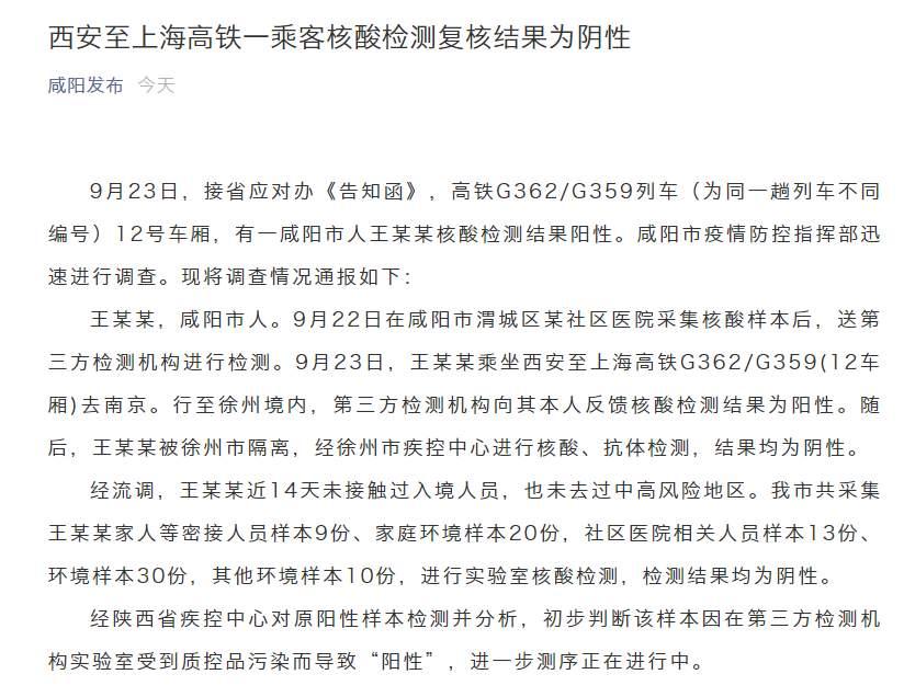 高铁g362/g359次列车"阳性"乘客复检阴性 初判样本在实验室受污染