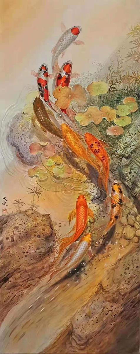 当代青年著名画家吴文健国画锦鲤作品欣赏