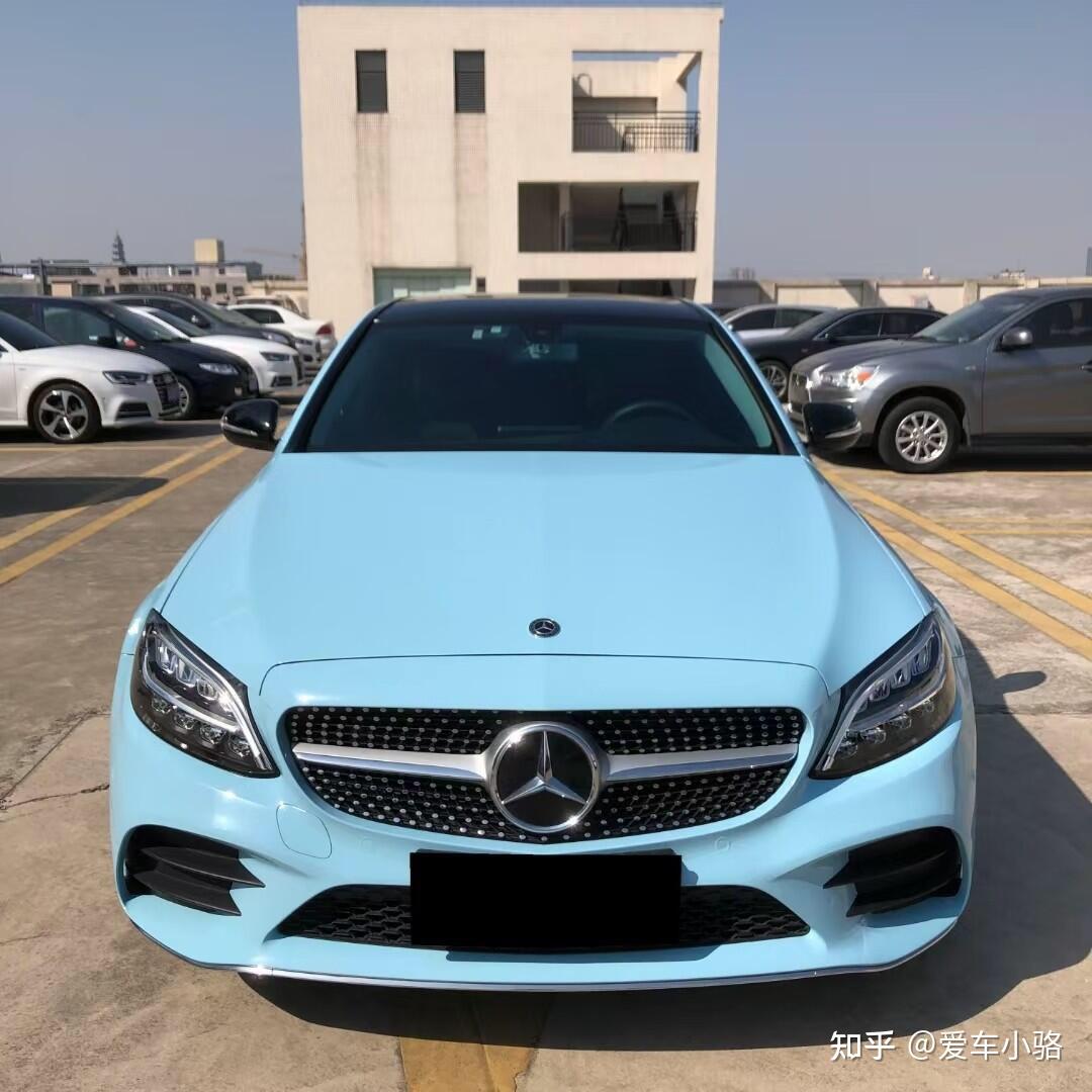 杭州奔驰c系车身改色贴膜漆面海风蓝改色膜施工效果