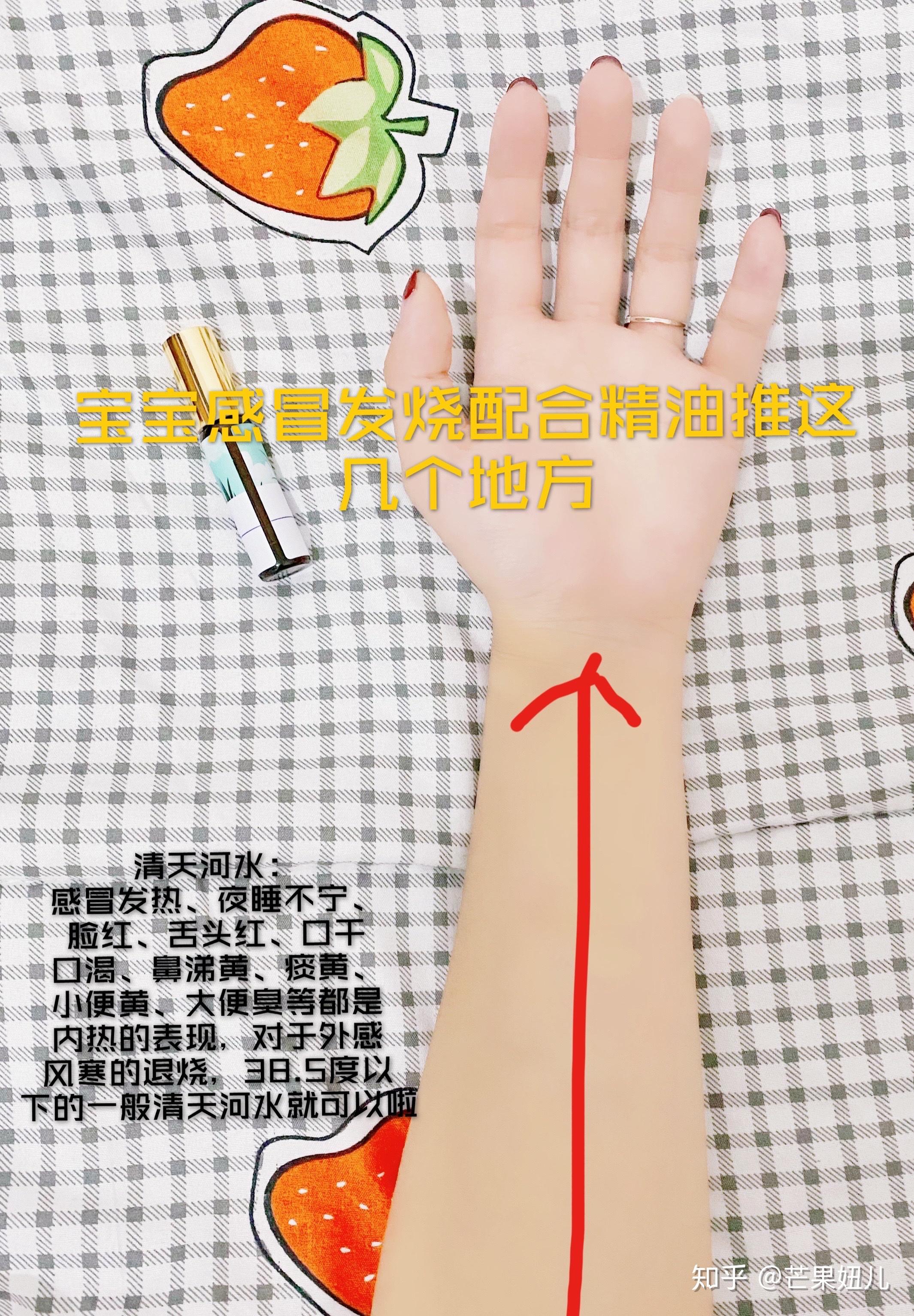 方法:用弥蔻宝宝精油涂抹后自手腕推到手肘窝处,推100～500次.