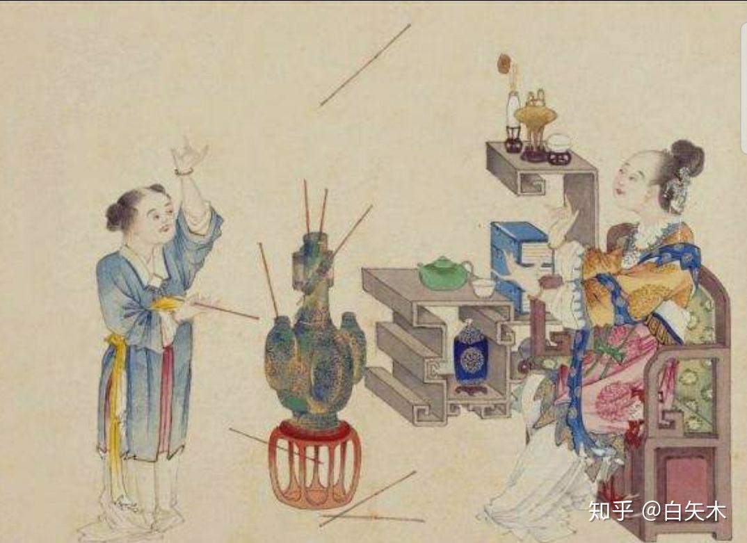 投壶时,箭身前半段进入壶内,后半段倚在壶口边缘的,叫作"倚竿".