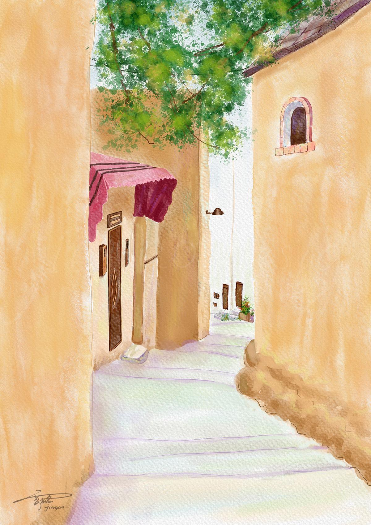 温馨的小巷水彩画分享