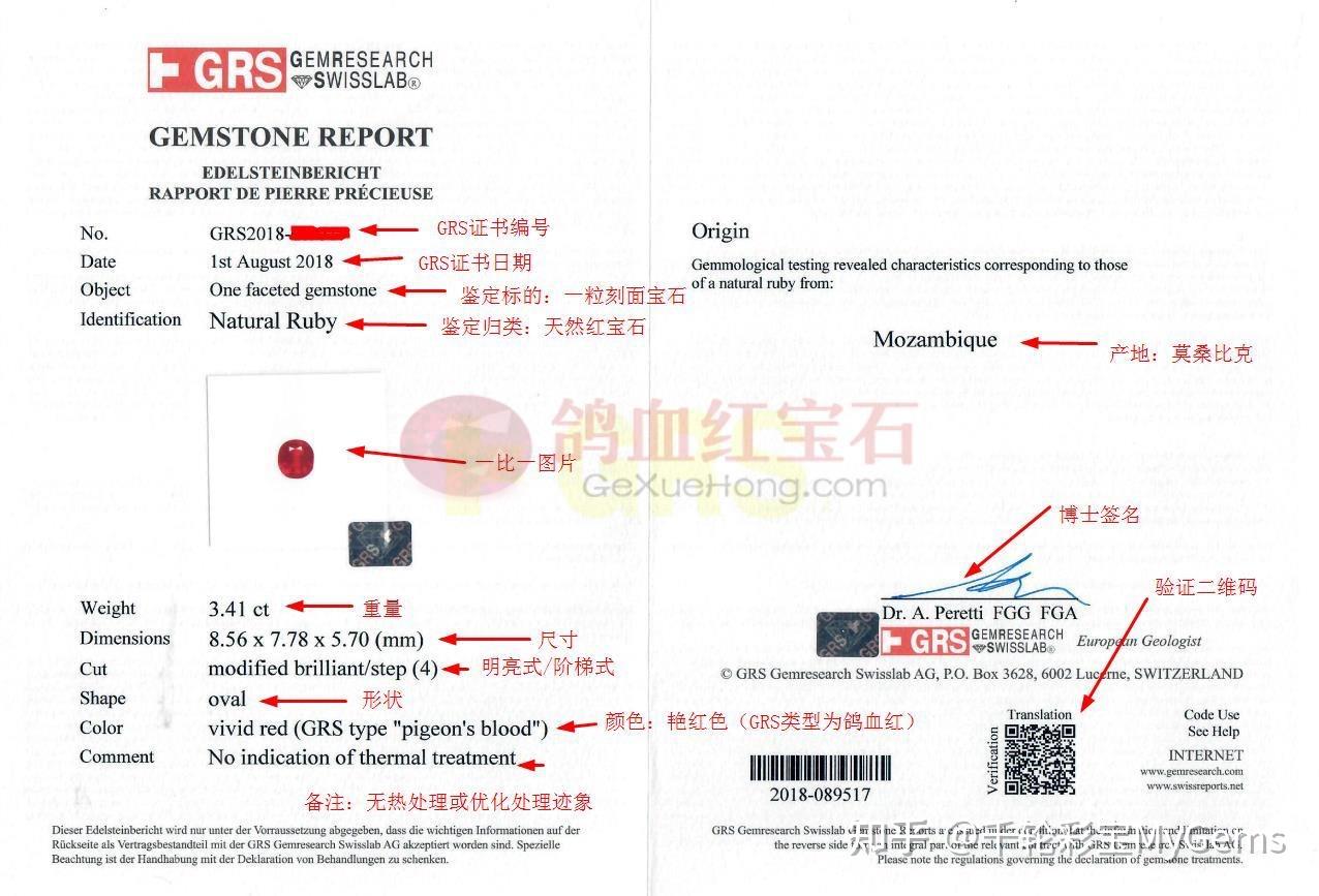 grs主证无烧鸽血红宝石和grs副证无烧鸽血红宝石证书解读