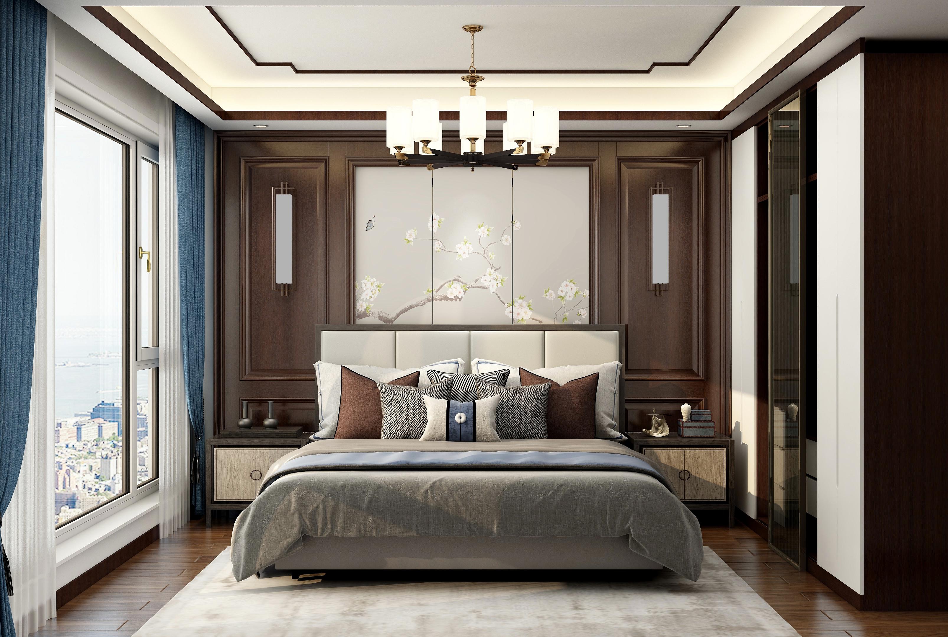 现代轻奢主卧室 双人床 床头柜 墙饰 休闲椅 地毯 窗帘-室内设计-拓者设计吧